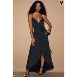 NWT Lulus Celestial Black & Silver Wrap Maxi Dress